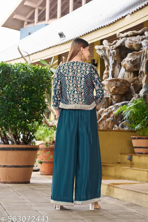 Miss Ethnik Women's Rama Chinon Stitched Top With Bottom 3/4 Sleeve Embroidered Straight Kurta (Kurta Palazzo Set) (ME-1234-Rama)