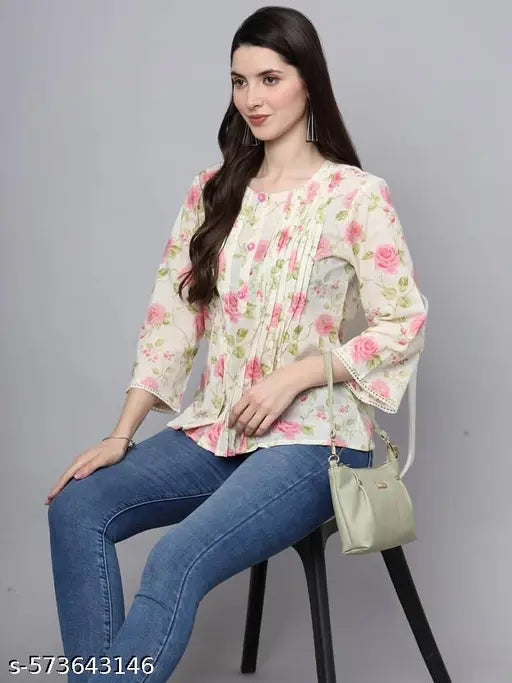 FABRIC FITTOR Elegant Floral Printed OFF White Cotton Top for Women(White)