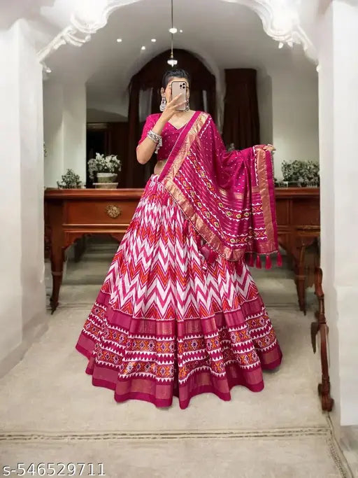 This Tussar Silk Printed Lehenga Choli: Effortless Glamour and Sophistication