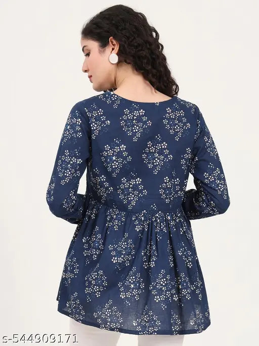 Divena Blue Floral Printed V Neck Cotton Top