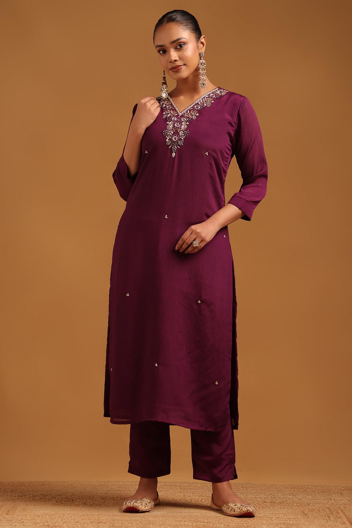 Soch Womens Purple Chinon Floral Salwar Suit With Beads And Stones