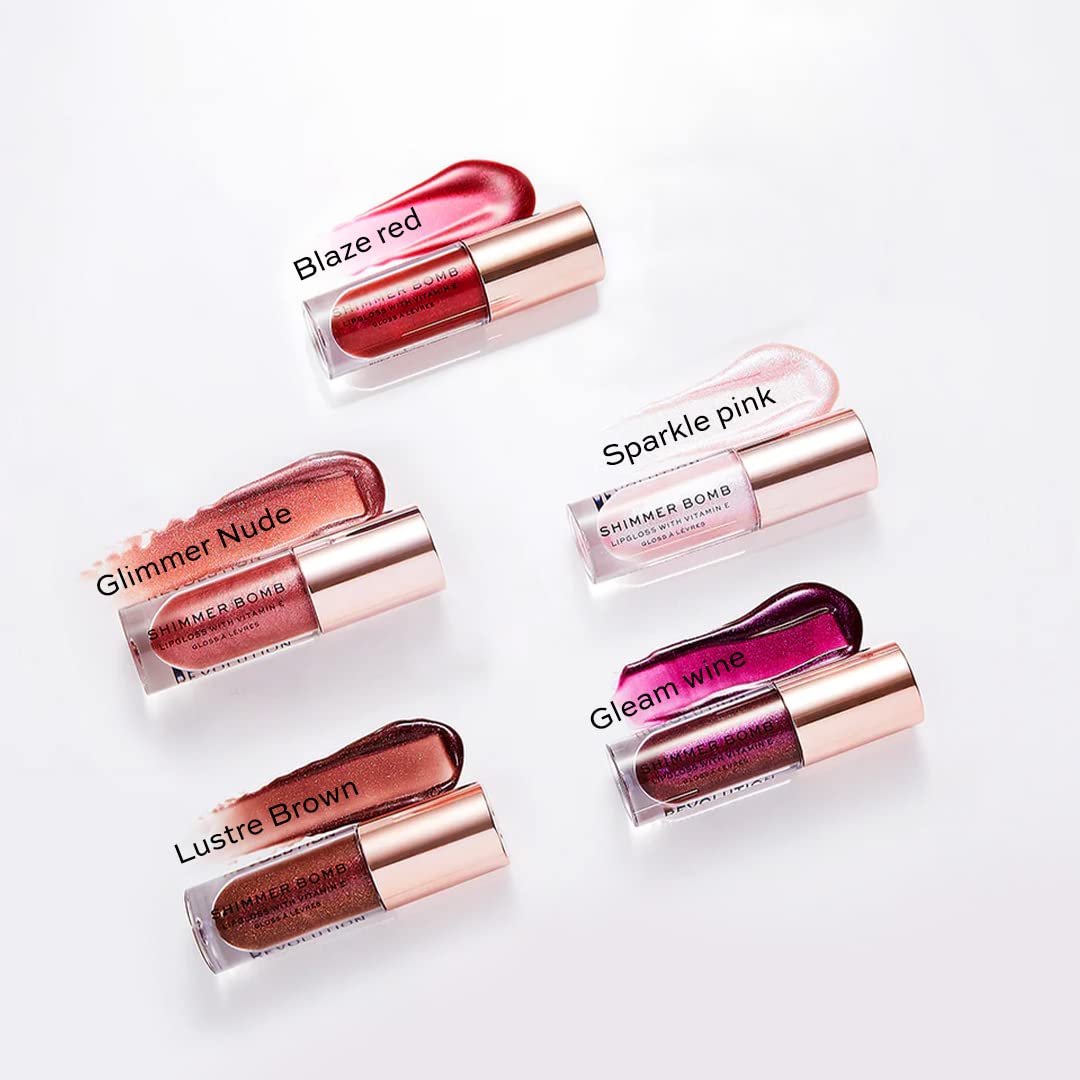 Makeup Revolution Rose Gold Lip Gloss for Women, Shimmer Bomb Lip Gloss - Glimmer Nude, Vitamin E for Extra Nourishment & Hydrating Lips, Rosehip Oil, Paraben Free, Shimmery & Sheer Formula - 4.5ml