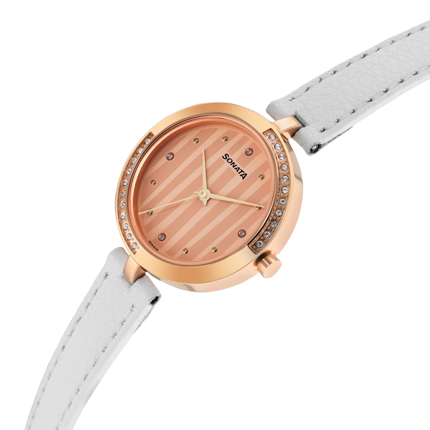 Sonata Utsav Rose Gold Dial White Leather Strap Analog Watch for Women-NR8184WL01