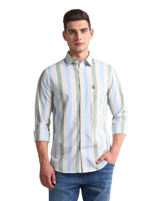 U.S. POLO ASSN. Men's Striped Regular Fit Shirt (USSHT1910_Beige, Blue and Green