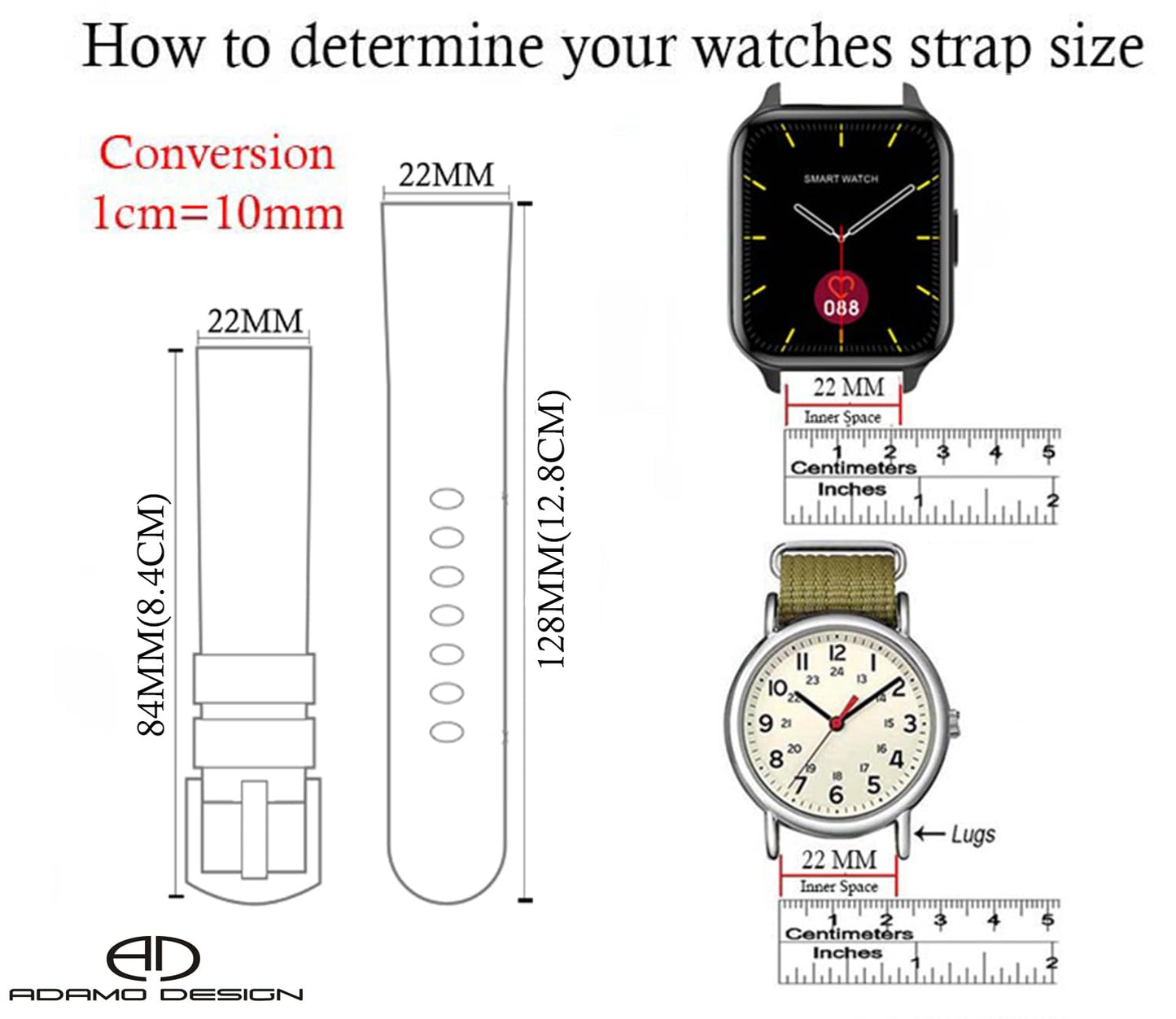 ADAMO 22mm Watch Strap compatible for Phoenix Ultra/Phoenix/Pulse 2/Xtend Pro/Xtend Call and ALL 22mm wristwatch and smartwatches P26BIB09-P26BIG09