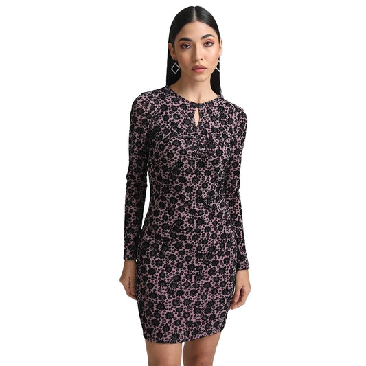 Kazo Abstract Georgette Round Neck Women's Mini Dress (Purple,Medium)