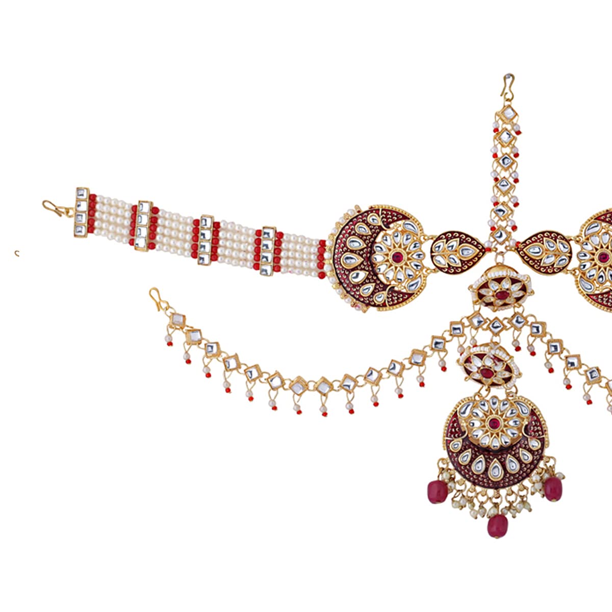 Yellow Chimes Maangtikka Daamini for Women Gold Plated Kundan Studded Meenakari Touch Multilayer White Beads Chain Designed Daamini Maangtikka for Women and Girls