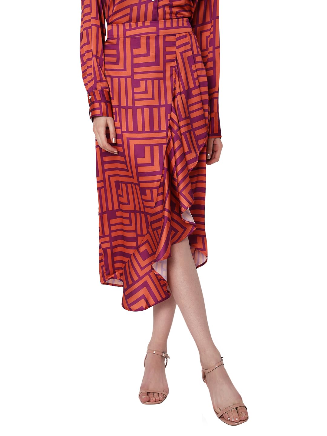 VERO MODA Women Printed Polyester Flared Midi Orange Skirt