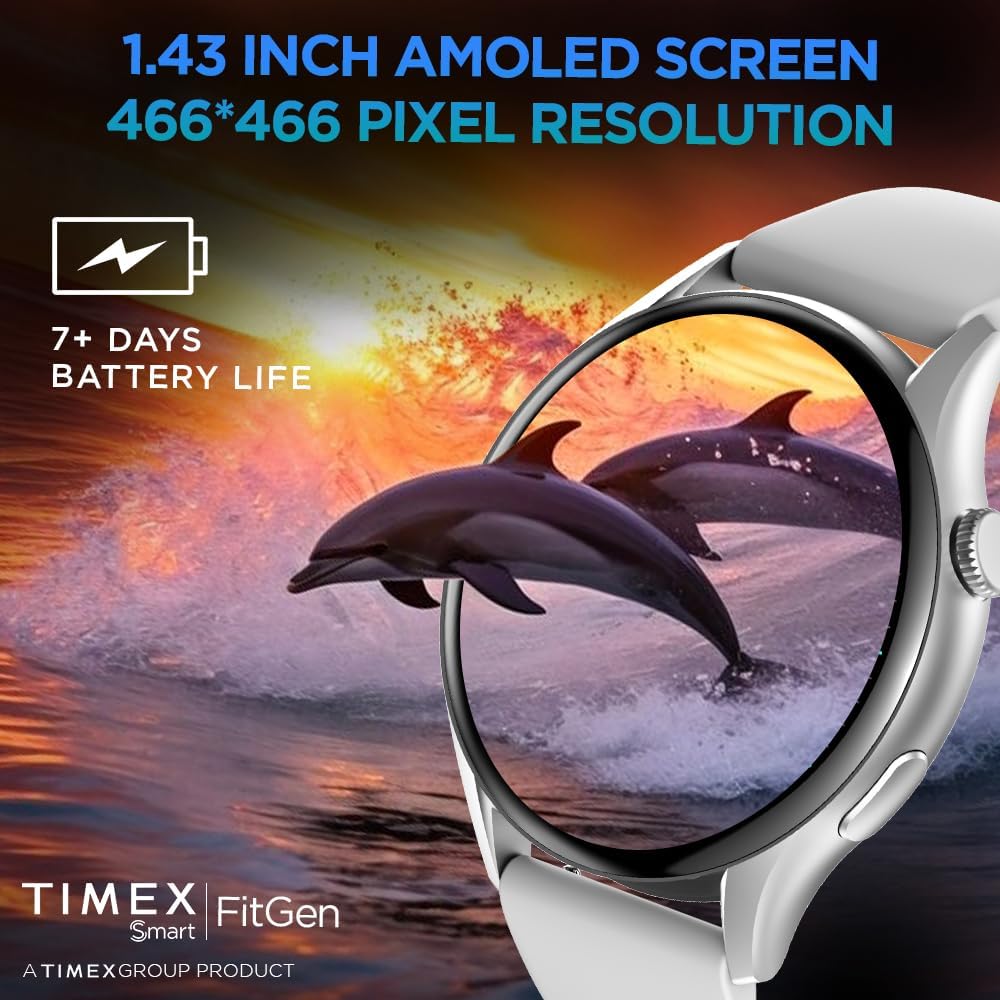 Timex FitGen 1.43" Round AMOLED Smartwatch with 466x466 Pixel Resolution|Single Sync Bluetooth Calling|Rotating Crown| Metallic Body|AI Voice Assist|100+ Sports Modes|Upto 7 Days Battery(Normal Usage)