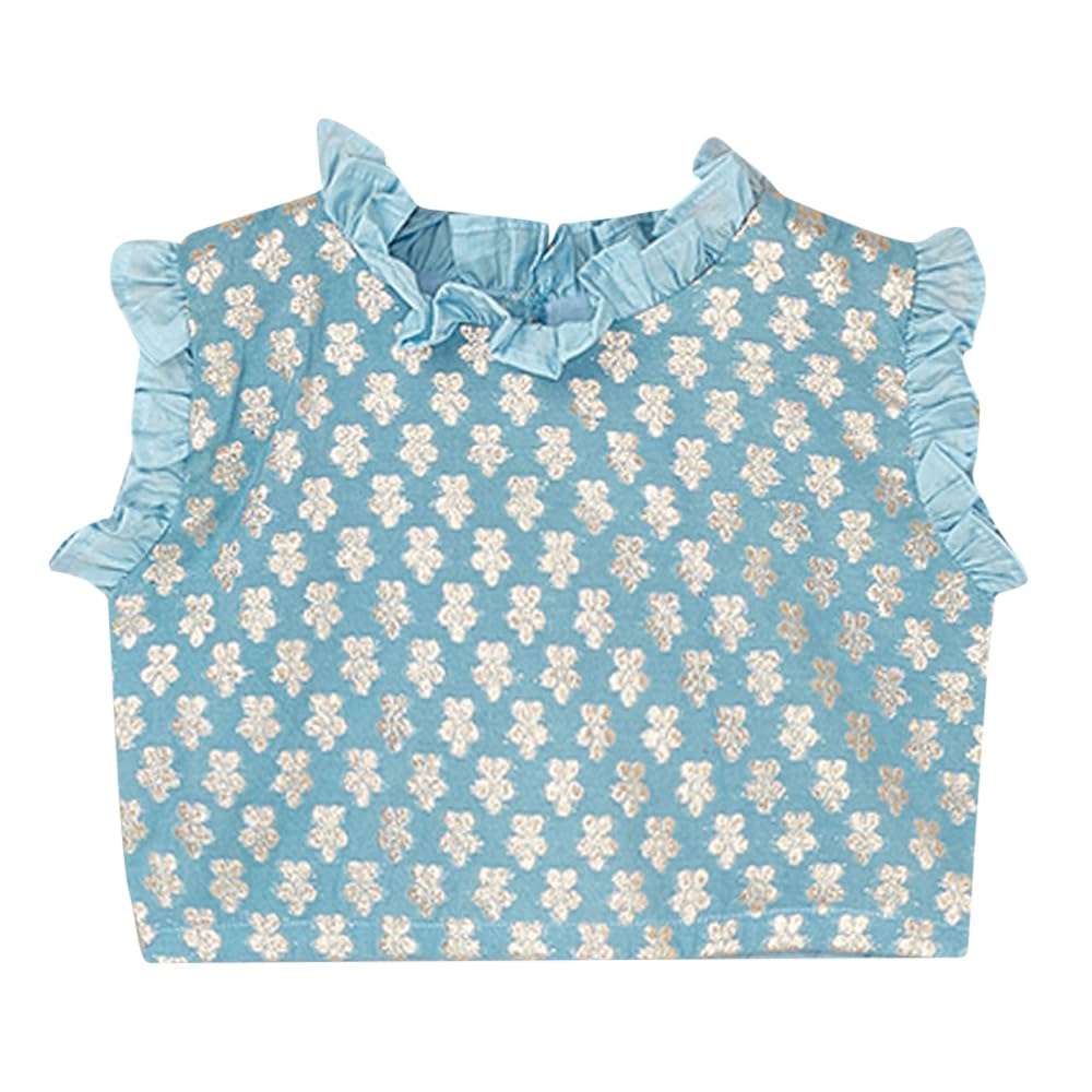 Hopscotch Girls Cotton Floral Print Readymade Lehenga Choli Ethnic Set With Dupatta In Blue Color For Ages 5-6 Years (Frh-4545684)