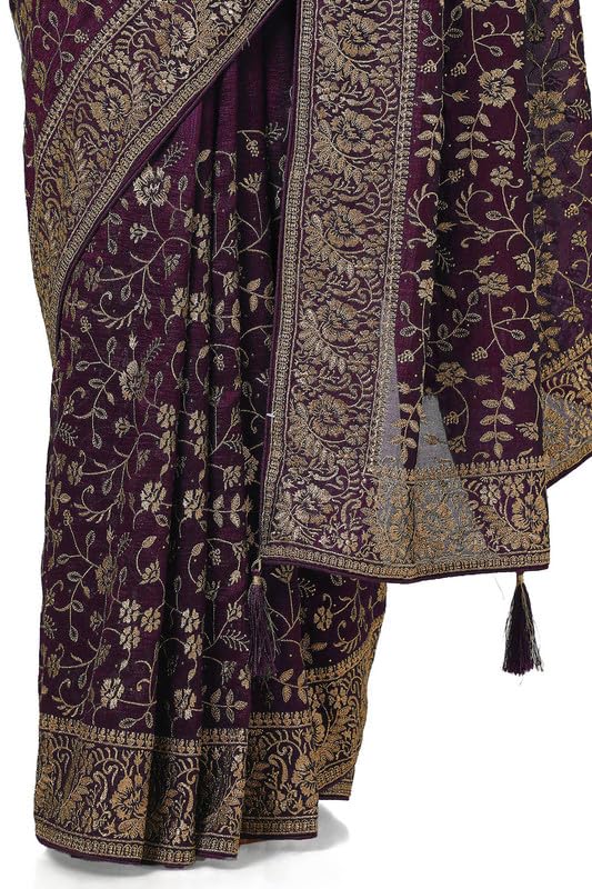 Soch Womens Wine Tussar Embroidered Saree With Tassels