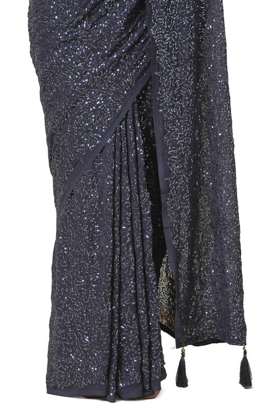 Soch Womens Charcoal Chiffon Saree With Sequins Work