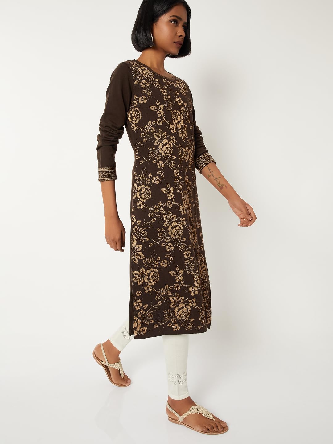 Max Women Floral Knit Straight Kurta (Brown_XXL)