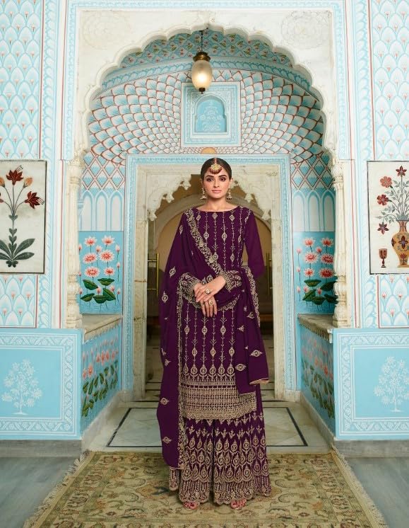 VUBA Women's Faux Georgette Embroidered Sequence Work Semi Stitched Top With Stitched georgette Sharara with Heavy Dupatta Straight Kurta Dress Material sharara suit set (VUBA-785, Purple)