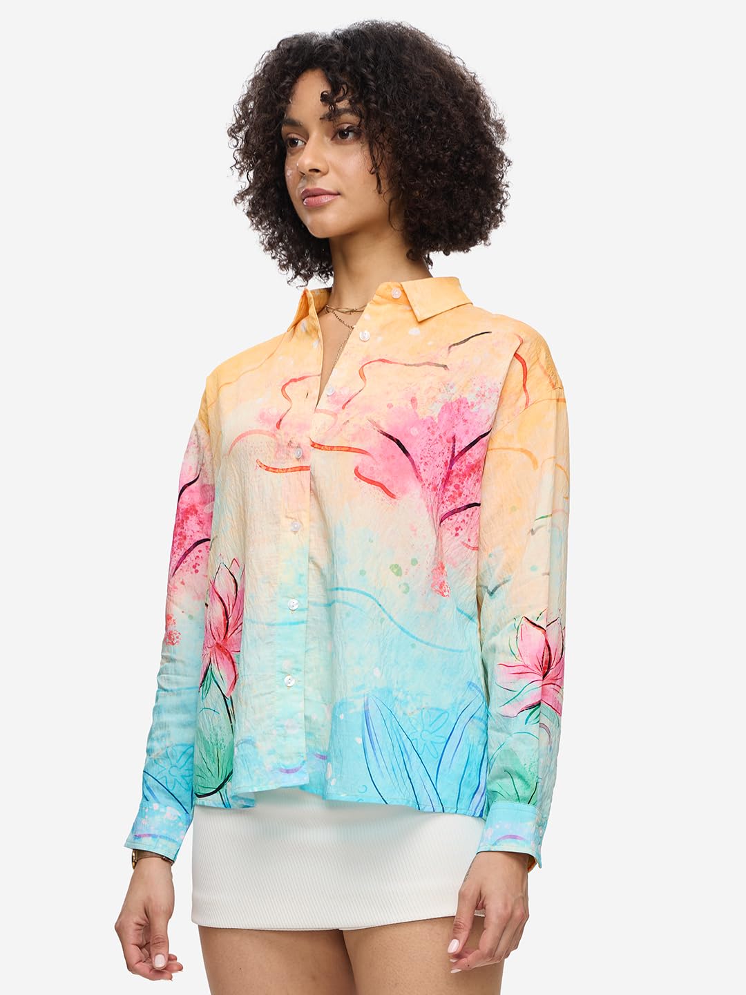 The Souled Store Blush Women and Girls Long Sleeves Collared Neck Button Front Printed Viscose Blend Boyfriend Shirts