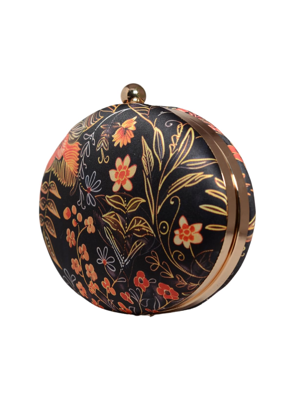 Artklim Black Based Orange Floral Printed Oval Clutch Bag for Women with Detachable Strap