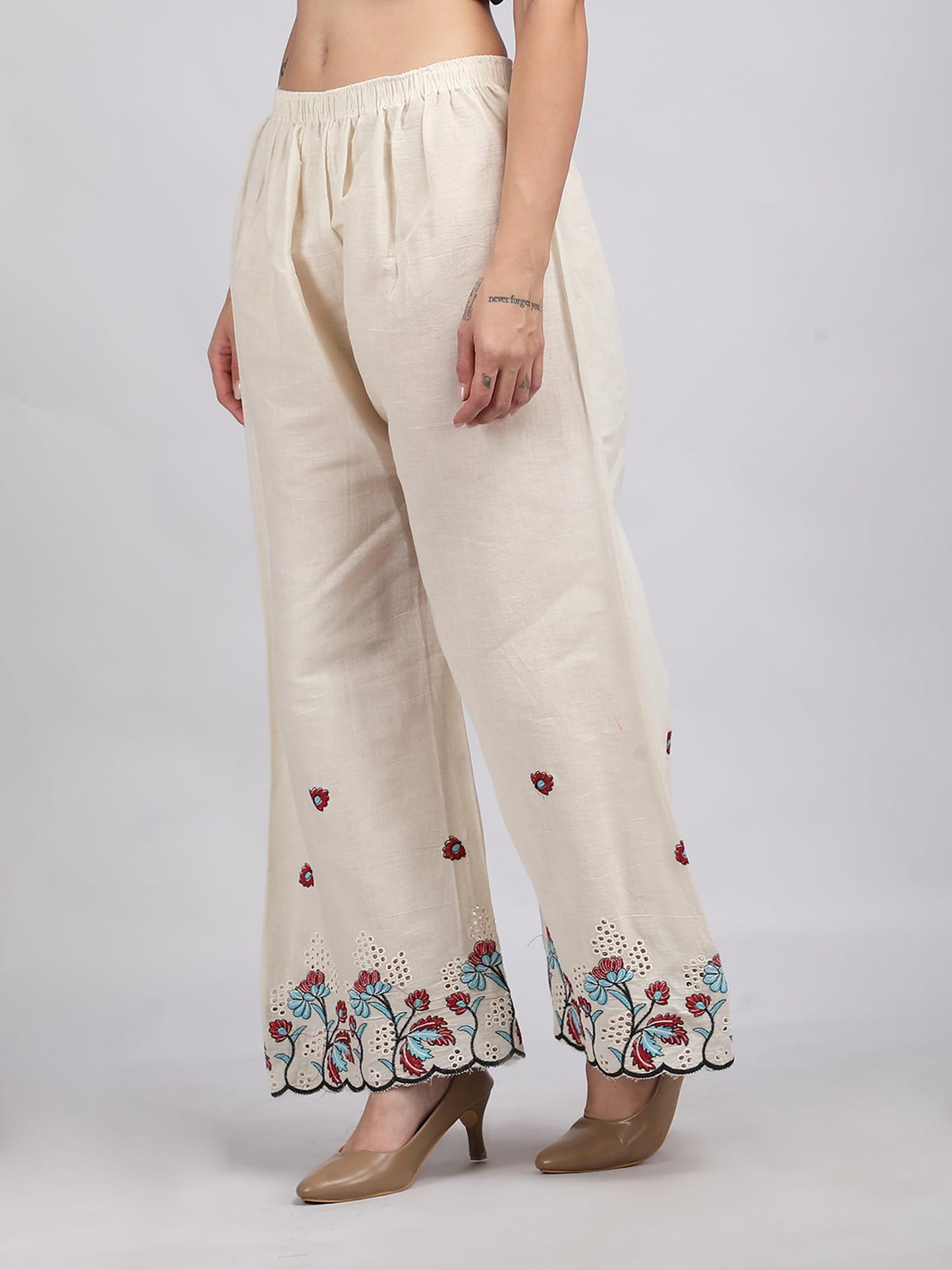 Georgio Martini - Ethnic Flower Design Hand Work Embroidery Wide Leg Linen Adjustable Chicken Smart Plazzo Pants with Drawstring