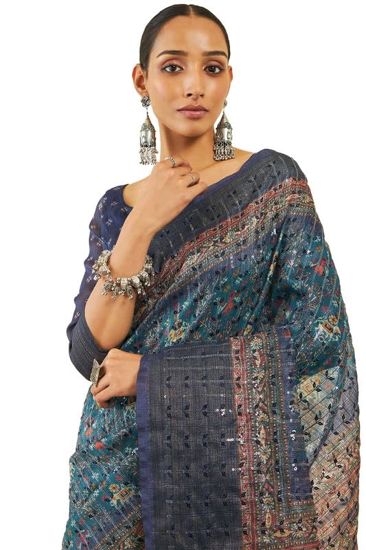 Soch Womens Teal Organza Pochampally Saree With Sequins