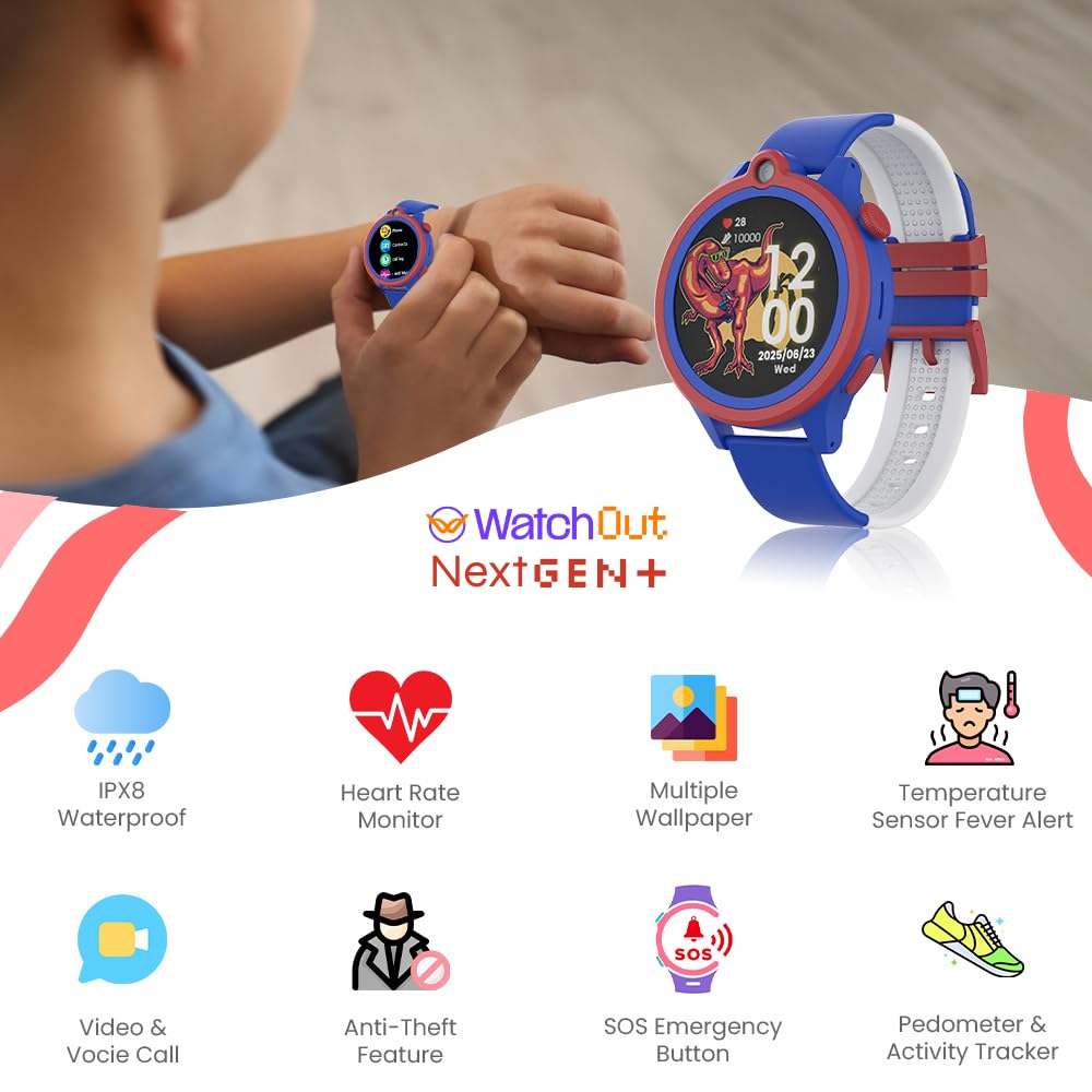 WatchOut Next-Gen+ Kids Smartwatch Phone with GPS, Fever Alert, Heart Rate, Video Call, SOS, Safe Zone, Class Lock, AirTag, Free SIM Card, Best Gift, Boys, Girls, Age 3-13, Shark Tank (Captain Blue)