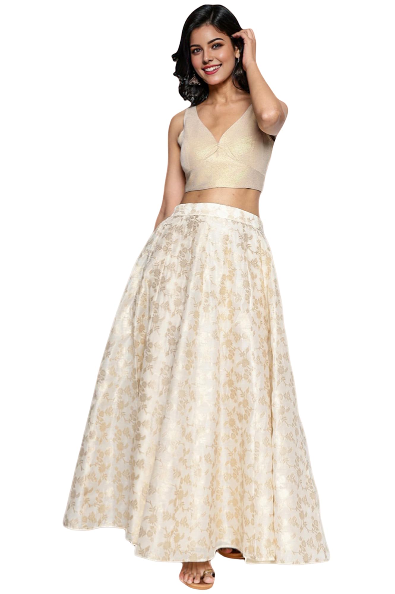 W for Woman Cream Yarn Dyed Printed Jacquard BD Skirt (Size: L)-W50510-314343