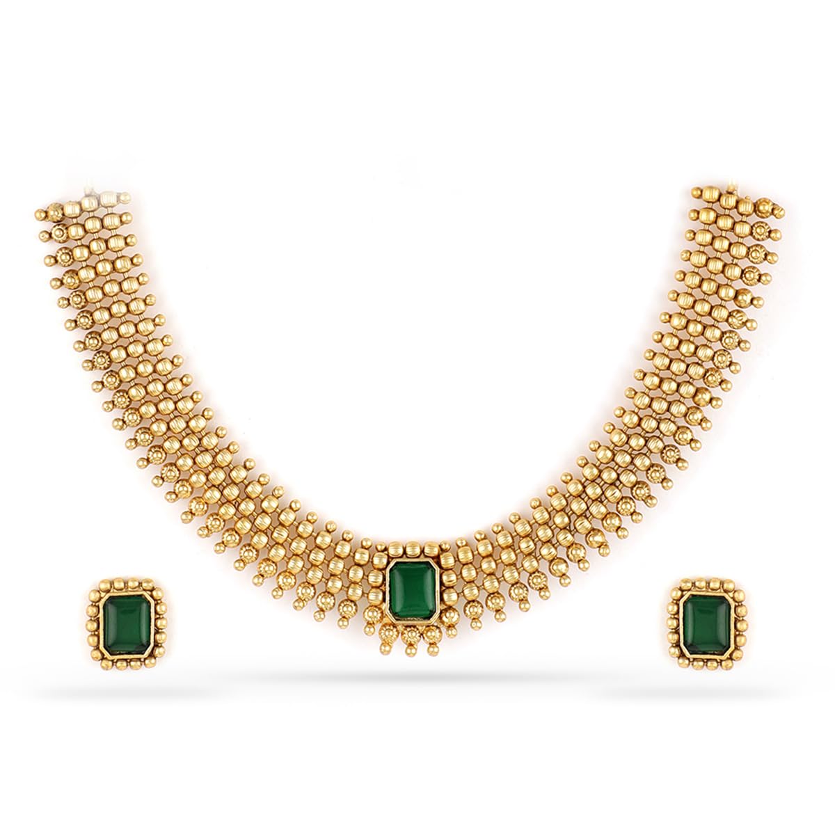 Rubans 22K Gold-Plated Handcrafted Artificial Jewelry Set with Emerald Stone Studded & Matching Earrings For Women and Girls – Perfect for Weddings and Special Occasions