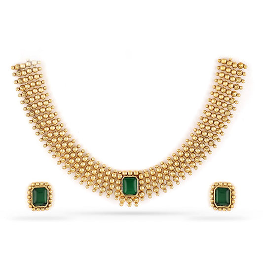 Rubans 22K Gold-Plated Handcrafted Artificial Jewelry Set with Emerald Stone Studded & Matching Earrings For Women and Girls – Perfect for Weddings and Special Occasions
