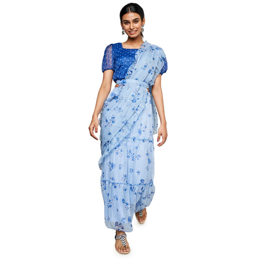 global desi Women's Polyester Stitched Saree (SS22GD055SSLRX_Blue)