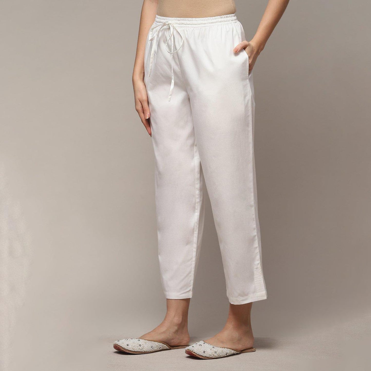 Biba Women's Solid Bottom Wear Regular Trousers (Bottom W14910_Off White_Large)