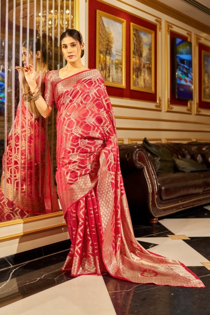 MADHUHANSH Womens Organza Plain Saree with Patola Printed Solid Pattern 6 Yard Length and Unstitched Blouse Piece