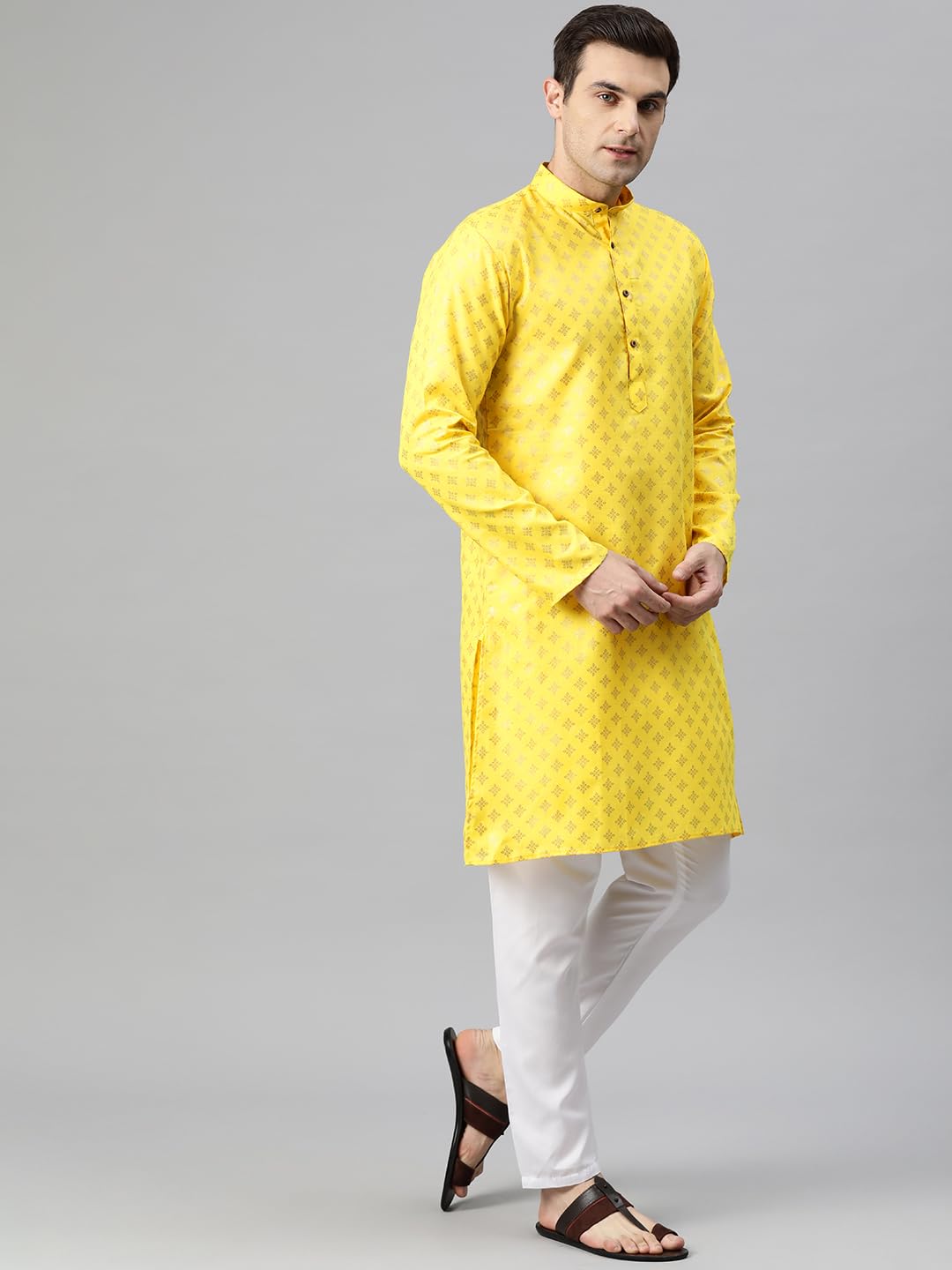 Luxrio Men's Polycotton Geometric Relaxed Kurta Yellow Gold