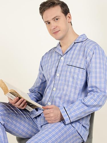 Hancock Men Cotton Checked Relaxed Fit Night Suit Blue Size M