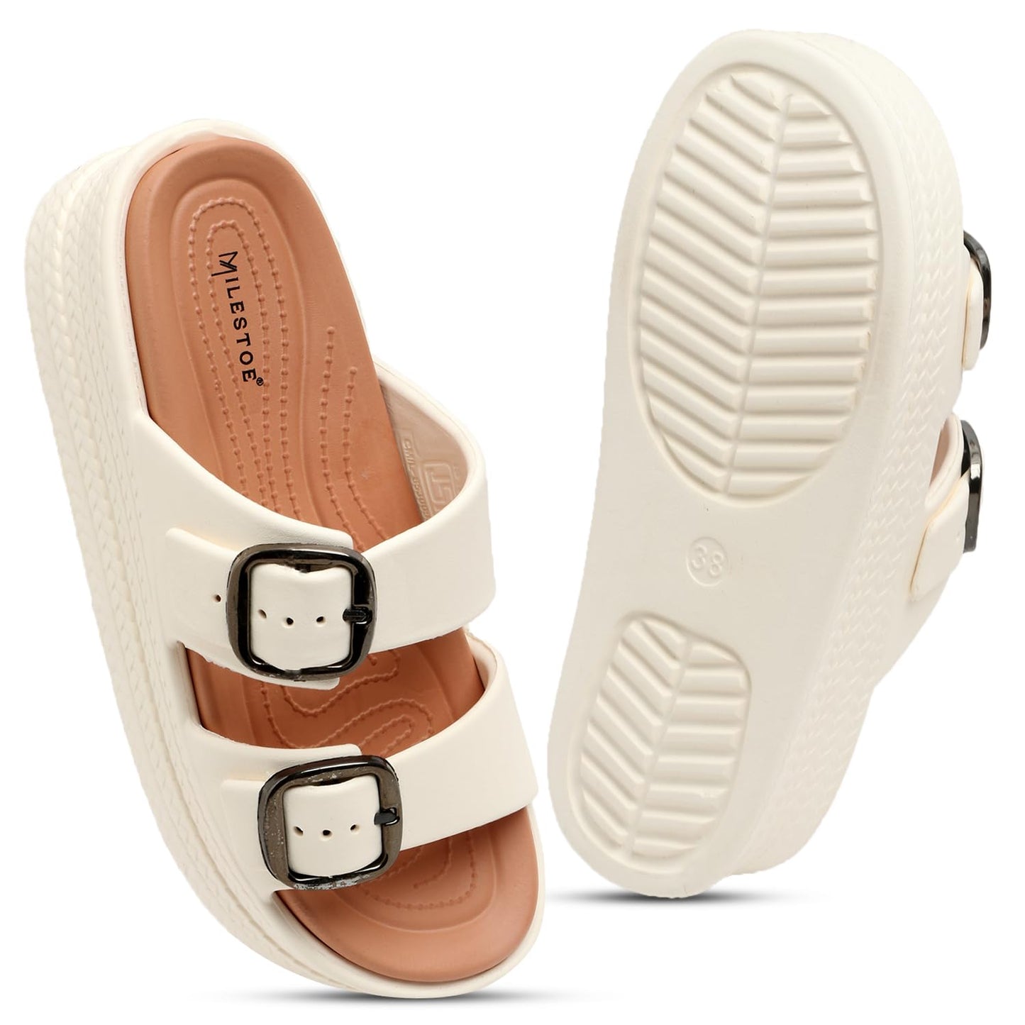 Essence Women Buckle Sandals with Super Soft Insole | Ergonomic Footbed | Lightweight | Platform Heel | Cushioned Sole | Suggested by Doctors I Latest, Stylish and Trendy Slip-Ons for Girls and Ladies