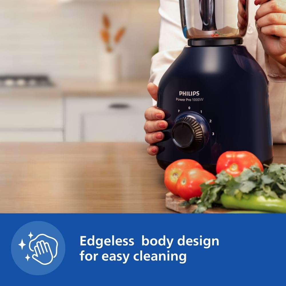 Philips HL7714/01, 1000 W PowerPro Motor Mixer Grinder, 4 Jars (Azure Blue), Edged blade made of superior SS304 material, Quick cool ventilation for longer motor life