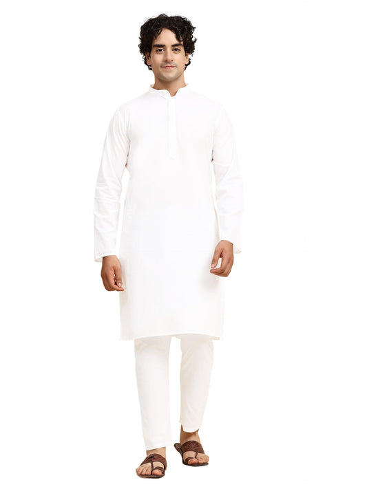 SKAVIJ Cotton Men's Casual Kurta Pajama Set Regular Fit Traditional Dress Yoga Outfit White, Small