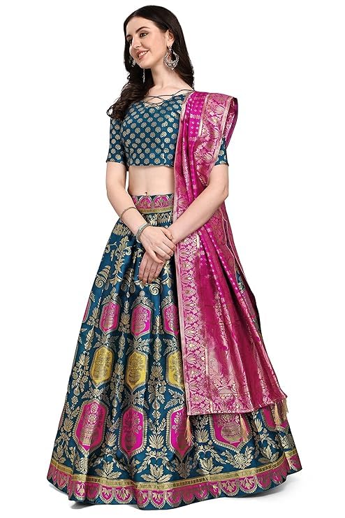 FATIMA SALES AGENCY Unique Women's Indian Traditional Pure Silk Lehenga Choli With Blouse, Color Teal Green
