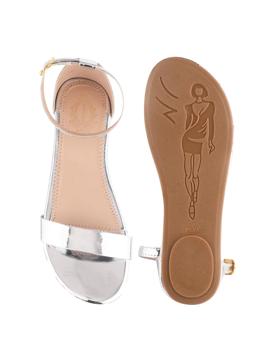 GLEMATOZ Stylish Silver Flat Sandals for Women Casual Dressy Slip-On ||Flats Soft Cushioned Sole Perfect Daily Footwear Travel EU37
