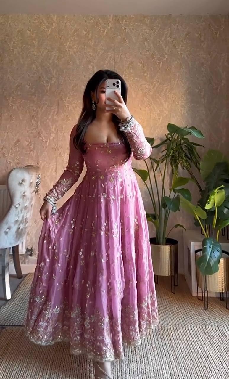 Women's Gown | Embroidery Work | Embroidered Heavy Fandy Silk Outfit | Designer Embroidered Dress with Dupatta || Long Sleeve Gowns (in, Alpha, L, Regular, Women, Light Purple)