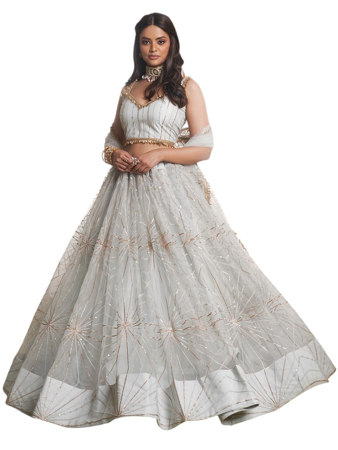 Zeel Clothing Women's Net Semi-Stitched Thread Sequins Work Embroidery Soft Lehenga Choli with Dupatta (NFH-2207-Light-Grey--Lehenga-Choli-Latest; Free Size)