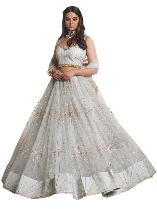 Zeel Clothing Women's Net Semi-Stitched Thread Sequins Work Embroidery Soft Lehenga Choli with Dupatta (NFH-2207-Light-Grey--Lehenga-Choli-Latest; Free Size)