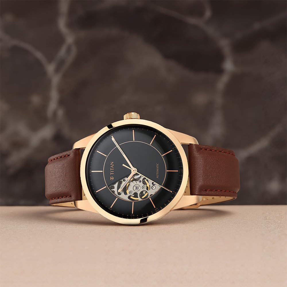 Titan Automatics Black Dial Automatic Leather Strap Watch for Men-NS90126WL02