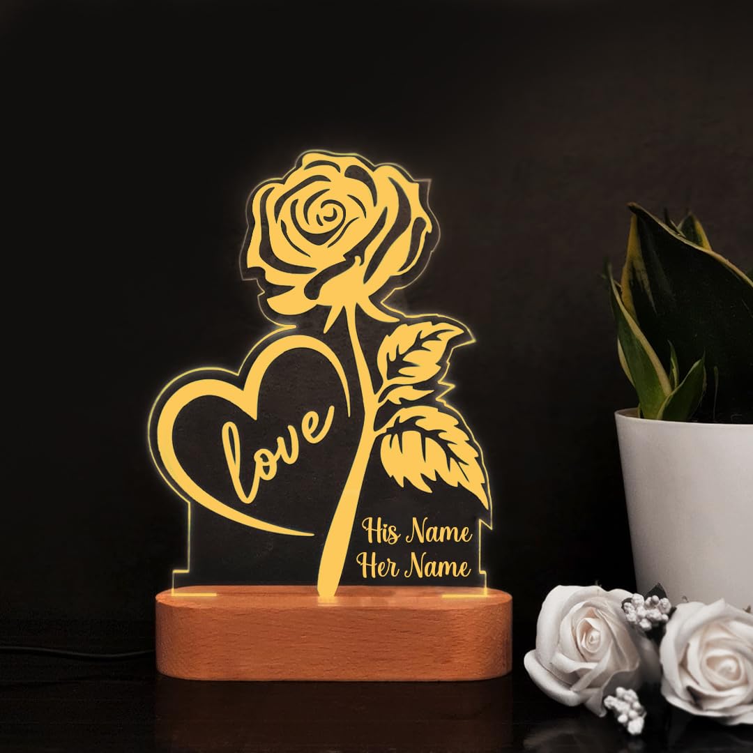 Giftana Personalized Love Rose Lamp with Name, Customized Couple Acrylic Table Lamp for Couple Gift for Anniversary, Wedding, Valentine Day, Birthday Gift for Girlfriend Boyfriend