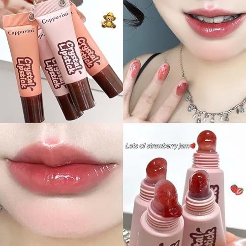 Cappuvini Crystal Lip Glaze | Transparent Jelly Texture | Long Stay with Lip Care Benefits | Adorable Keychain Packaging | Long-Lasting Lip Glaze with Glossy Finish | Light Pink & Purple Shades for Women | Korean Style Makeup for Girls & Teens (01# Strawb