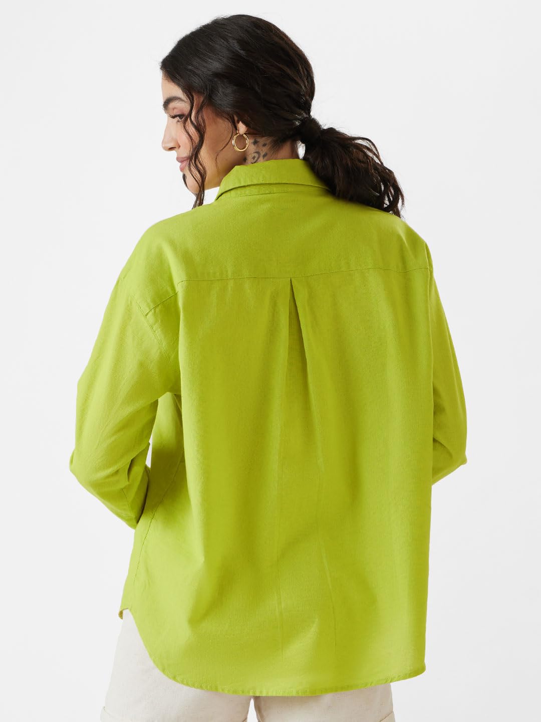 The Souled Store Solids: Moss Green Women Oversized Fit Full Sleeves Cotton Linen Boyfriend Shirts Casual Button-Down Half Sleeve Printed Graphic Short Sleeve Casual