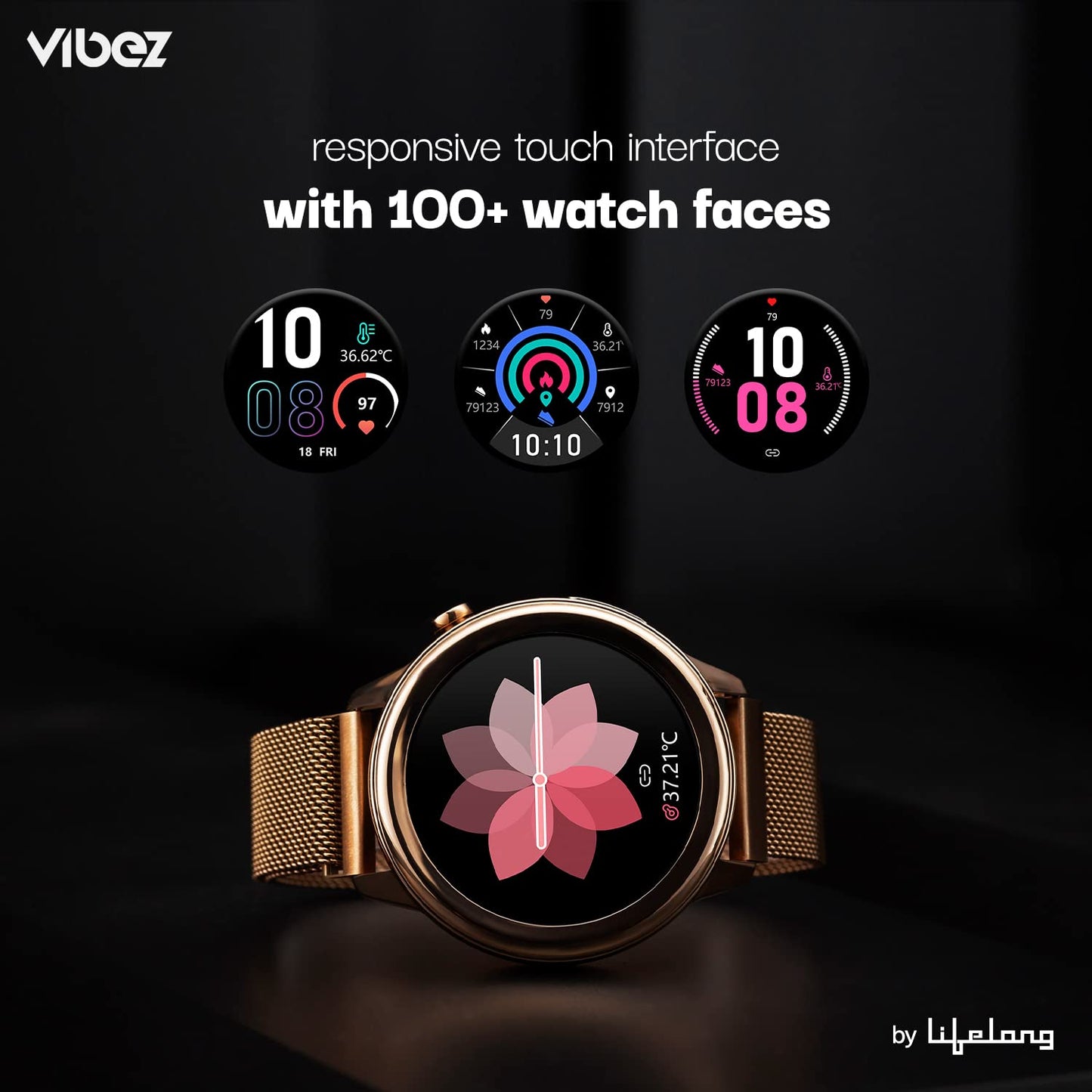 Vibez By Lifelong Xena SmartWatch For Women With Hd Display| Ecg+Ppg|Body Temprature|24X7 Heart Rate & Spo2 Tracking| Sports Mode|IP68|10 Days Battery Backup(Vbsww126, Gold)