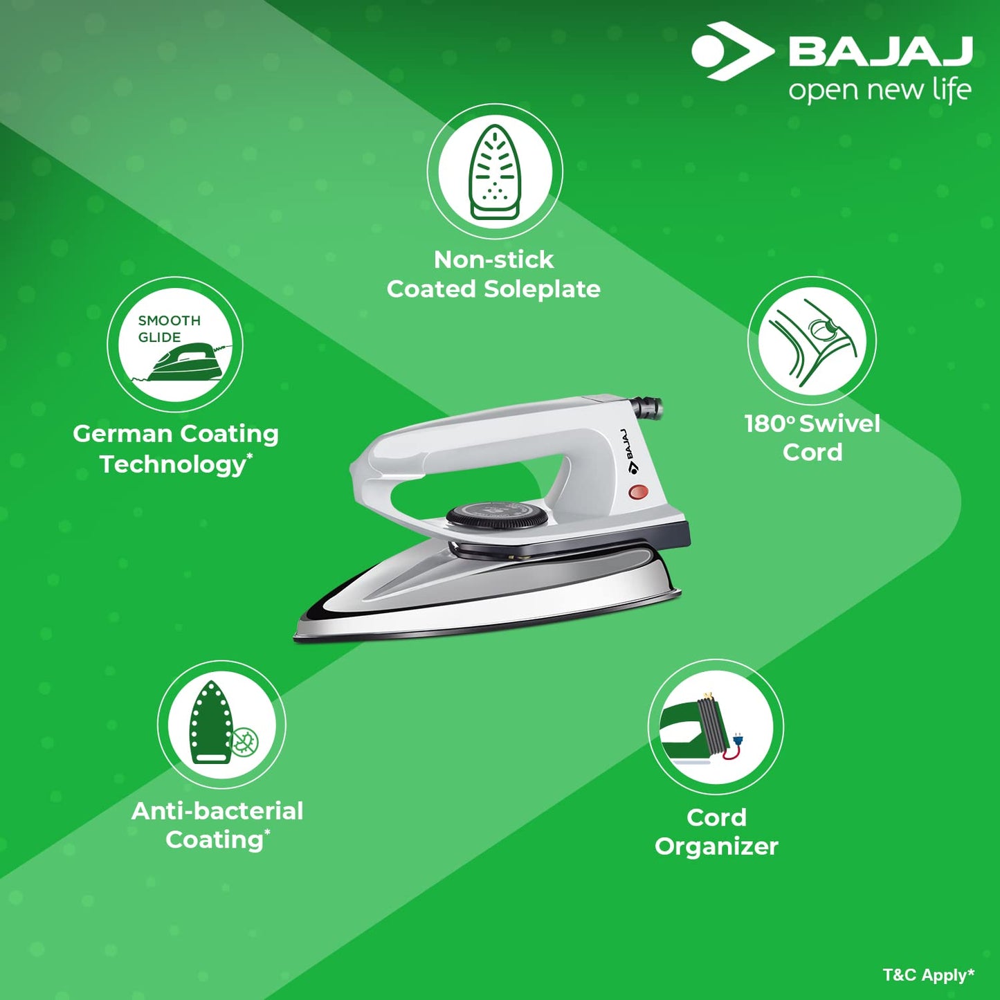Bajaj DX 2 600-Watt Light Weight Dry Iron | Non-Stick Coated Soleplate | Anti-Bacterial Coating | 180 Degree Swivel Cord | Cool Touch Handle | 2-Yrs Warranty 【Grey】