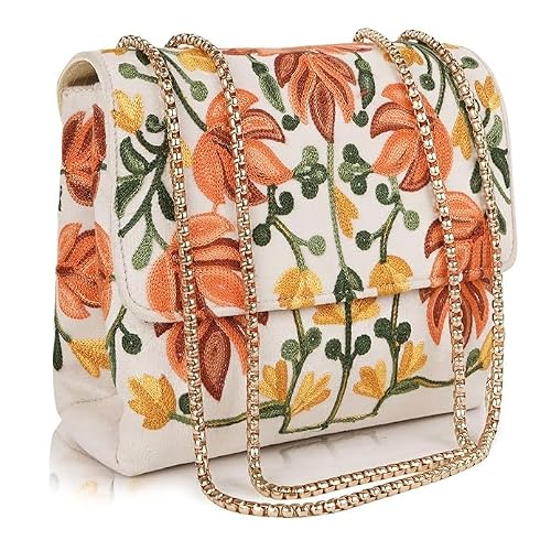 VELUCIA Womens Floral Embroidered Sling Bag With Chain Strap (Cream)