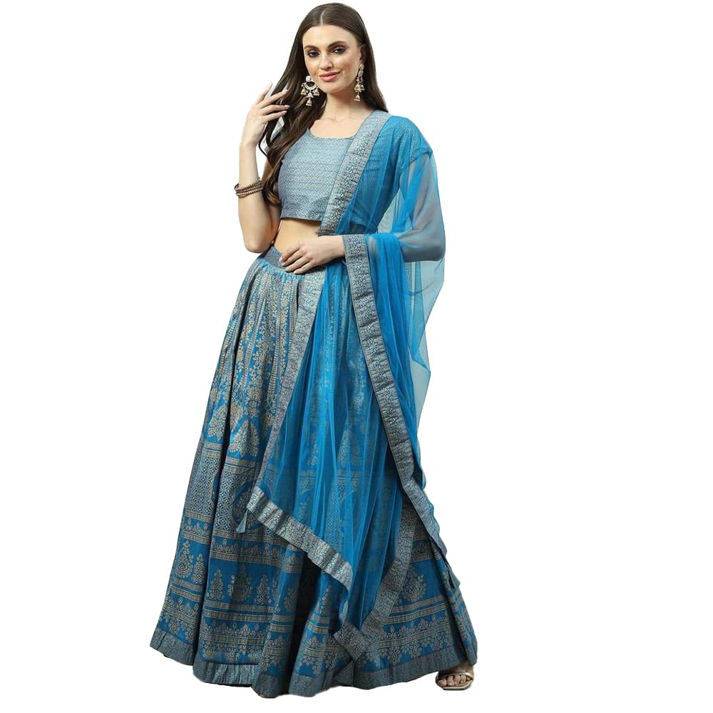 BIBA Women's Polyester Lehenga Set Readymade Printed Flared Salwar Kurta Dupatta(Skdfestive 8367_Turquoise_36)