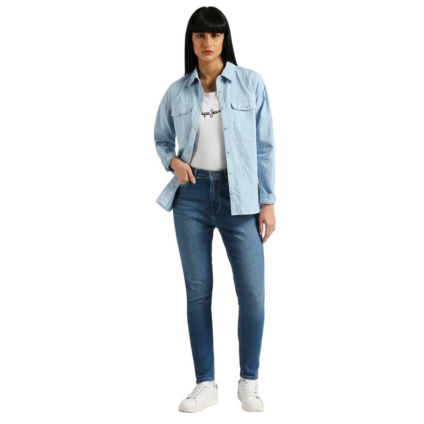 Pepe Jeans Women's Solid Relaxed Fit Shirt (PL304911_Blue