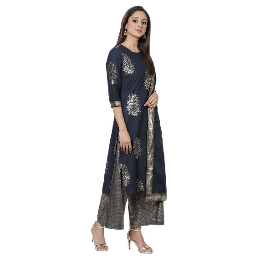 BIBA WOMEN PRINTED RELAXED SALWAR KURTA DUPATTA(SKDASSORTED7074E_NAVY BLUE_32)