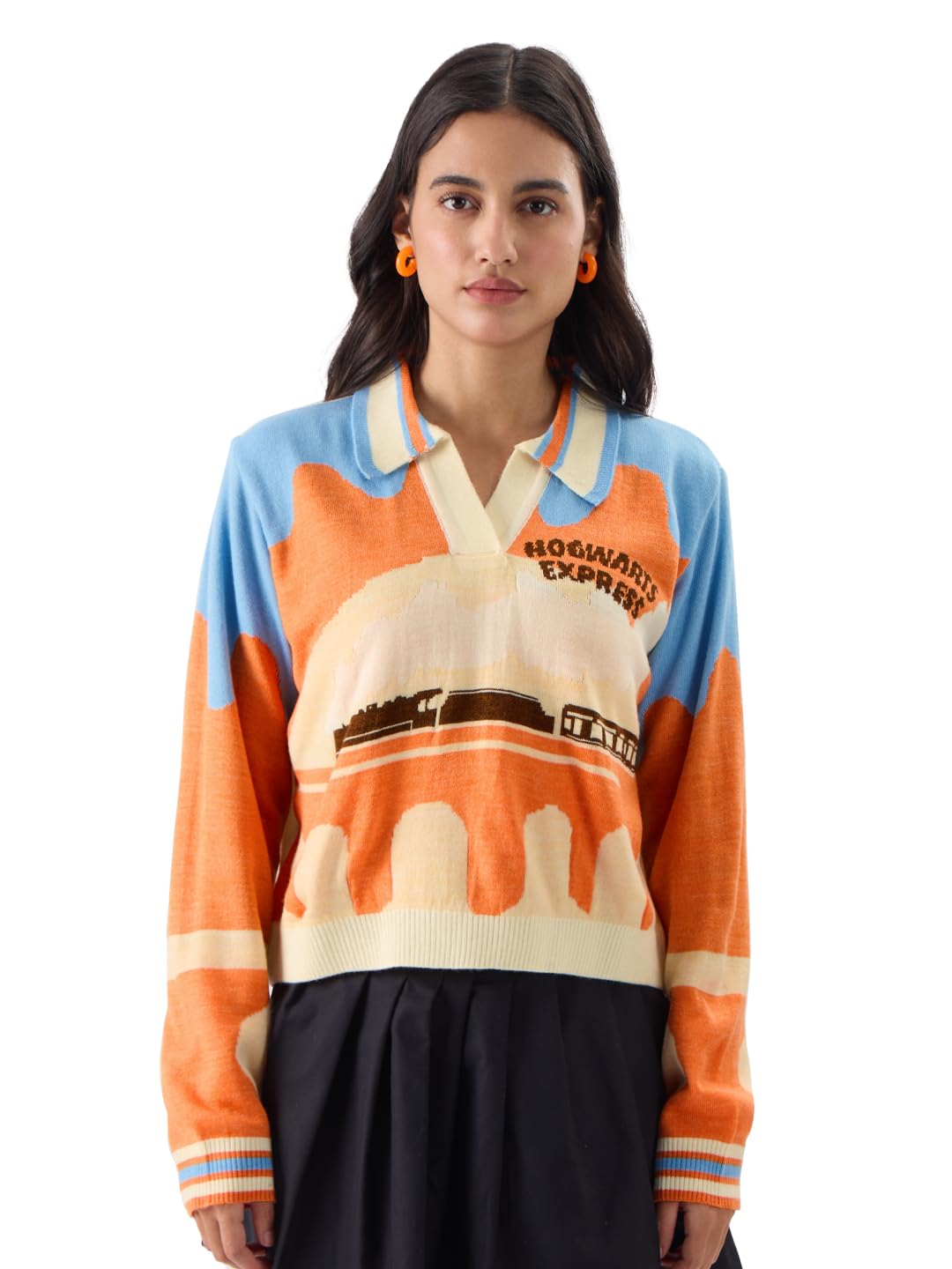 The Souled Store Official Harry Potter: Hogwarts Express Women and Girls Full Sleeve Collared Neck Oversized Fit Cropped Sweaters Multicolour Womens Cropped Knit Sweaters for Girls Pullover Cable